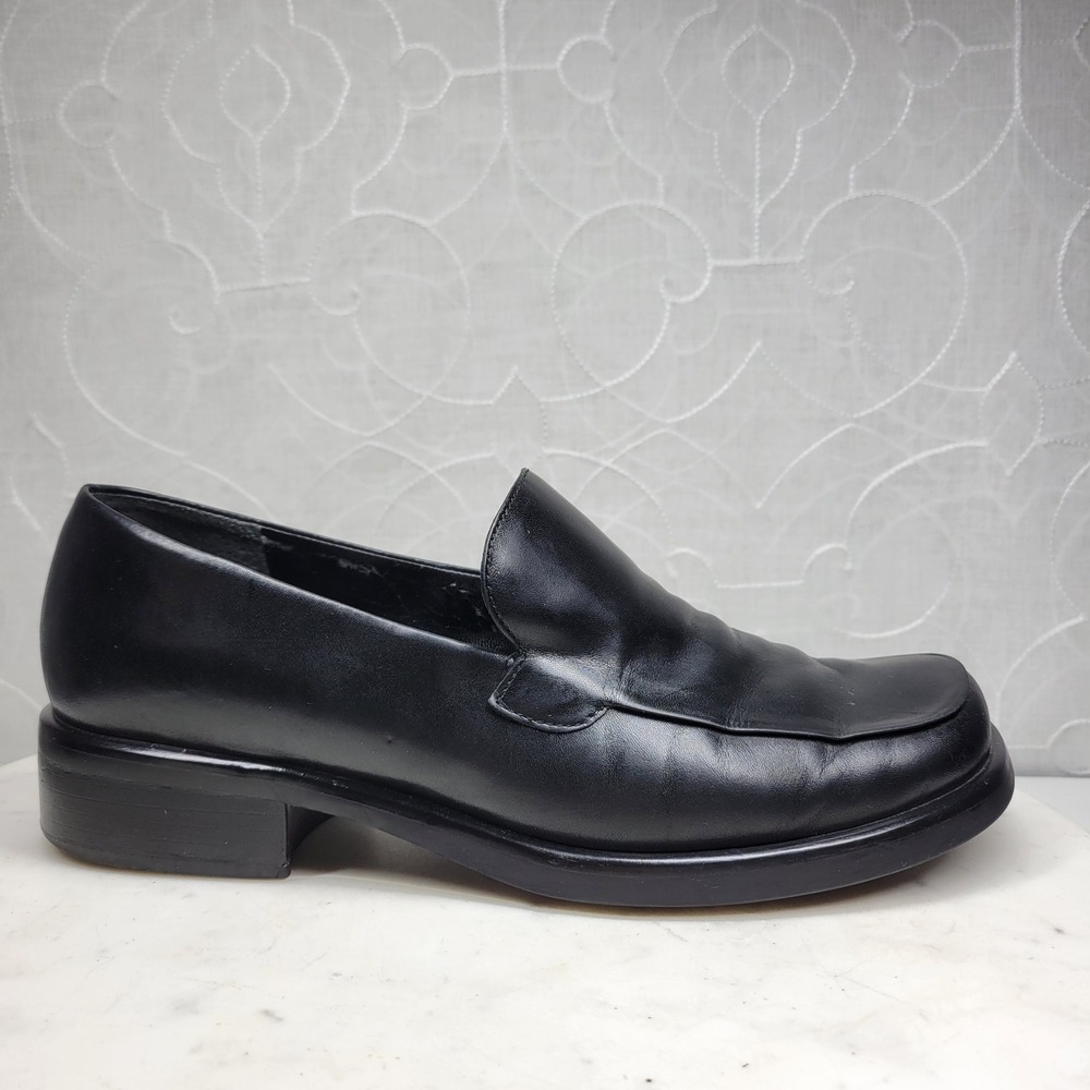 Franco Sarto Bocca Leather Block Heel Loafers 8.5 Black Square Toe Y2K Office